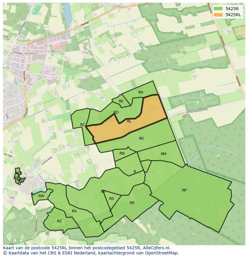 Afbeelding van het postcodegebied 5425 RL op de kaart.