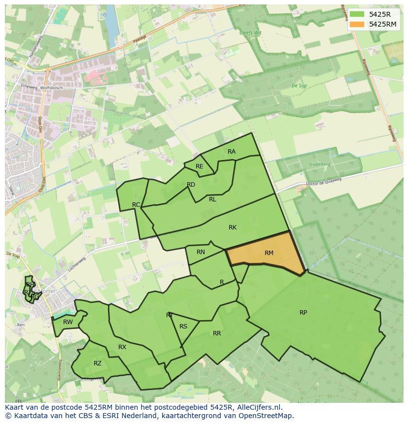 Afbeelding van het postcodegebied 5425 RM op de kaart.