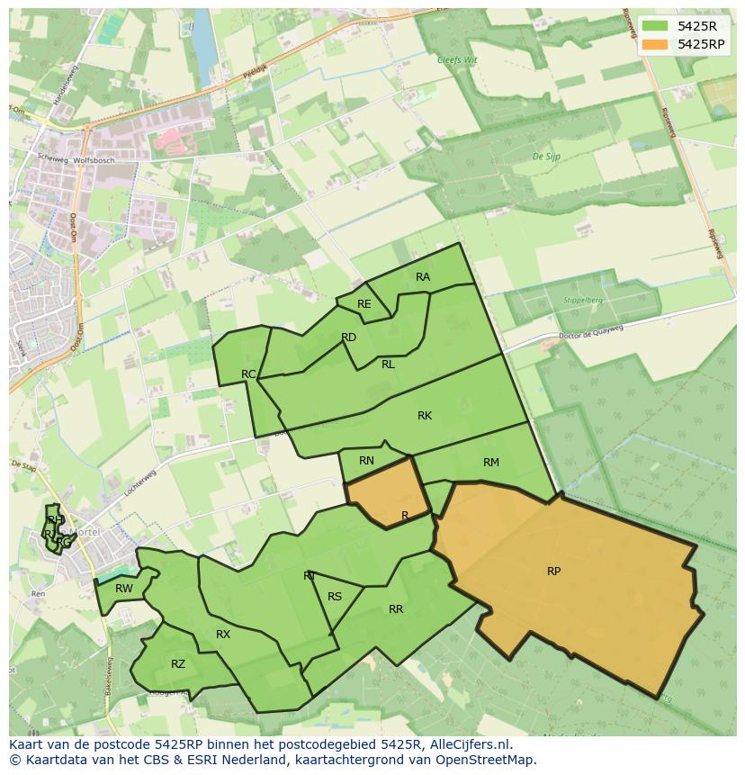 Afbeelding van het postcodegebied 5425 RP op de kaart.