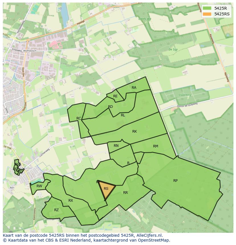Afbeelding van het postcodegebied 5425 RS op de kaart.
