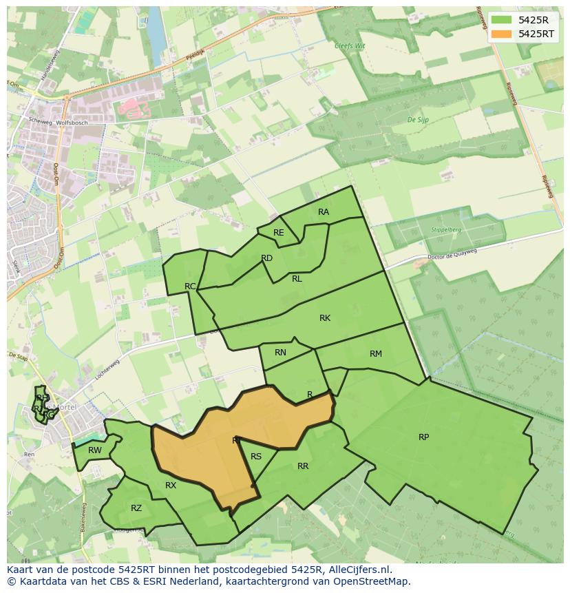 Afbeelding van het postcodegebied 5425 RT op de kaart.