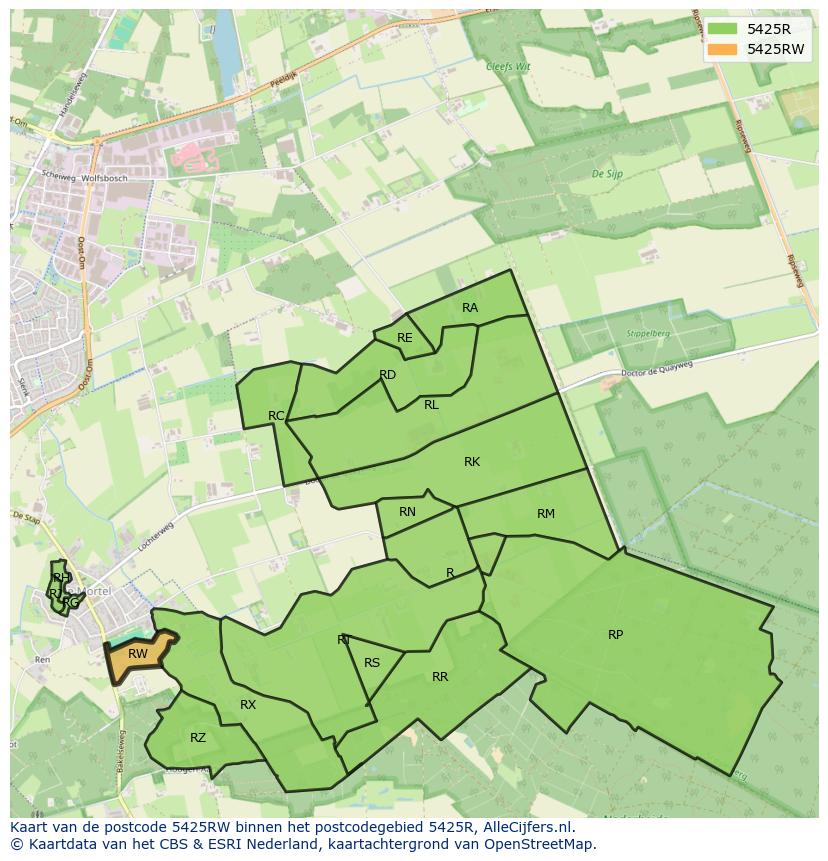 Afbeelding van het postcodegebied 5425 RW op de kaart.