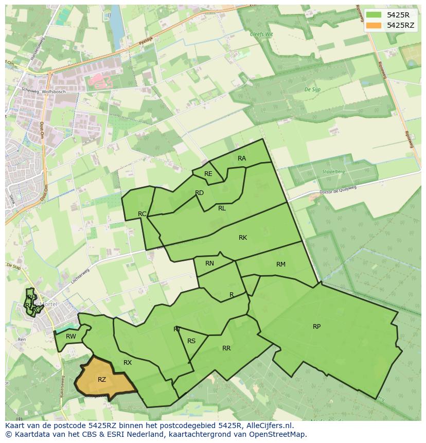 Afbeelding van het postcodegebied 5425 RZ op de kaart.