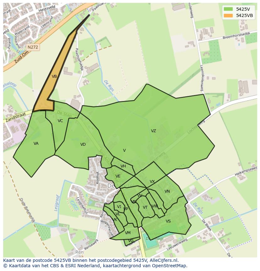 Afbeelding van het postcodegebied 5425 VB op de kaart.