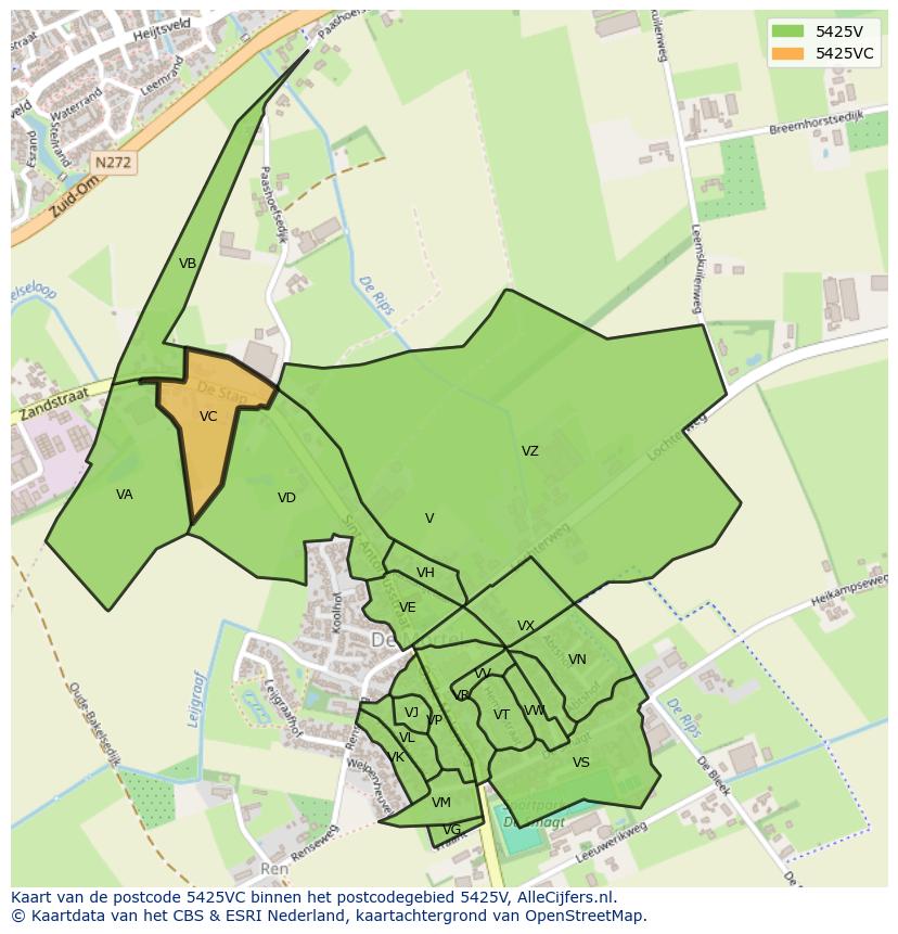 Afbeelding van het postcodegebied 5425 VC op de kaart.