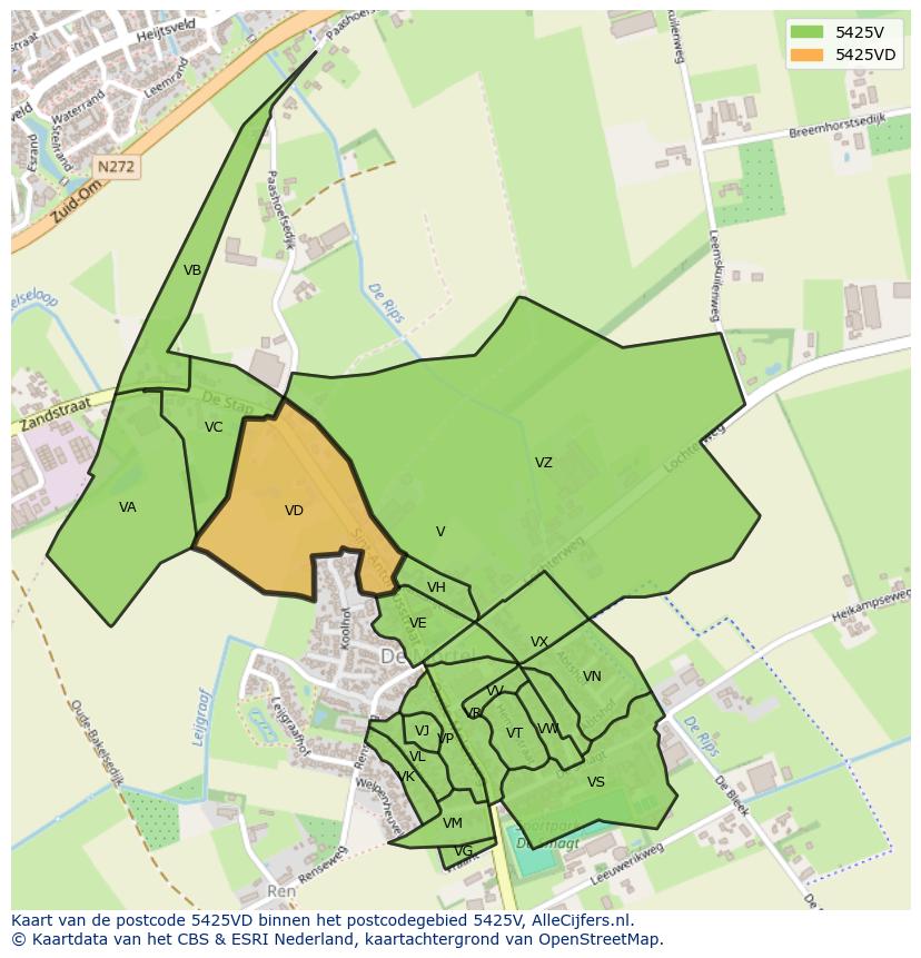 Afbeelding van het postcodegebied 5425 VD op de kaart.
