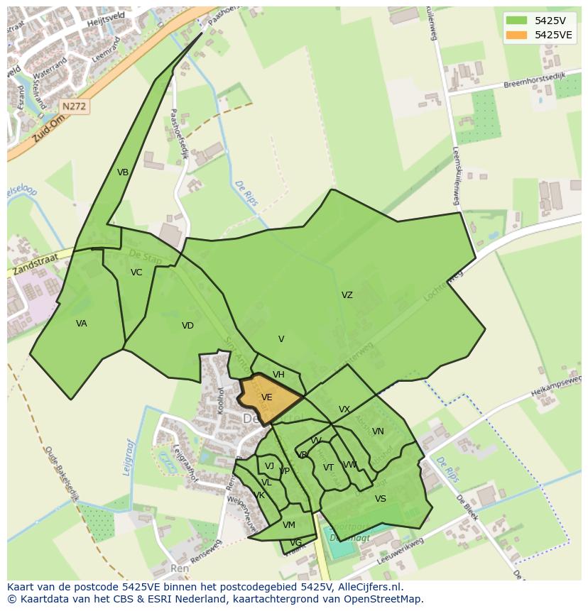 Afbeelding van het postcodegebied 5425 VE op de kaart.