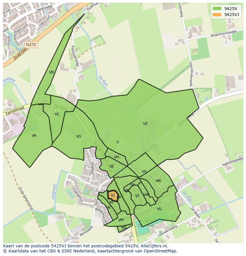 Afbeelding van het postcodegebied 5425 VJ op de kaart.