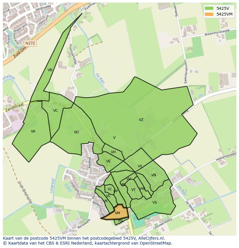 Afbeelding van het postcodegebied 5425 VM op de kaart.