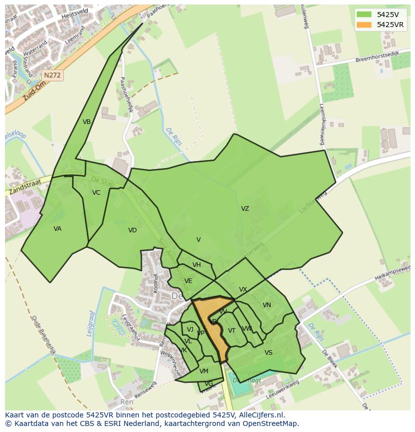 Afbeelding van het postcodegebied 5425 VR op de kaart.