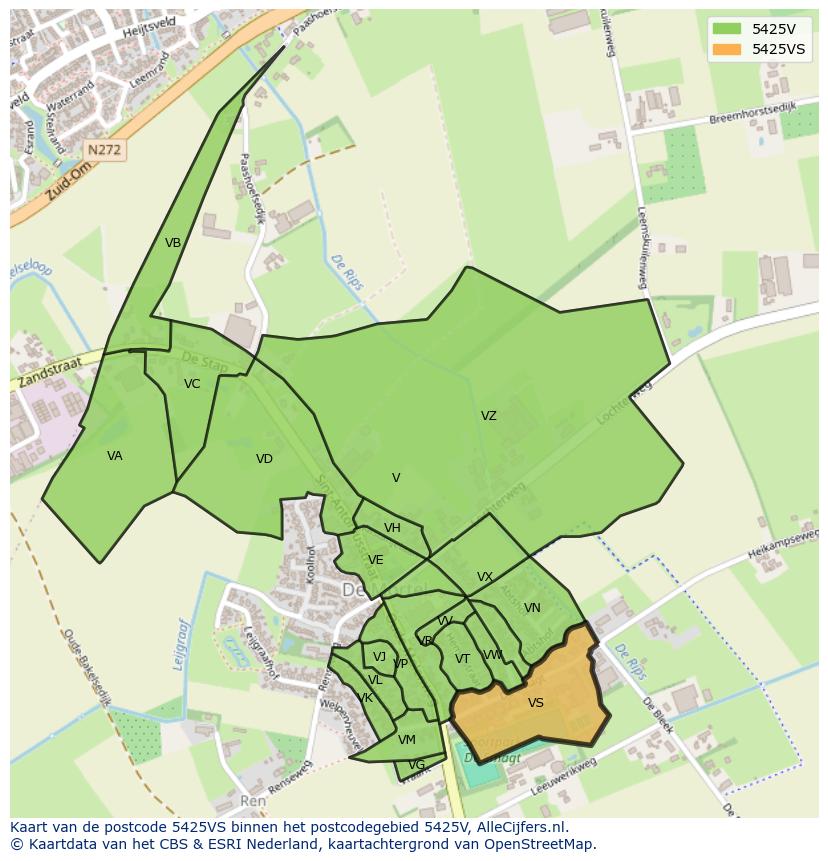 Afbeelding van het postcodegebied 5425 VS op de kaart.