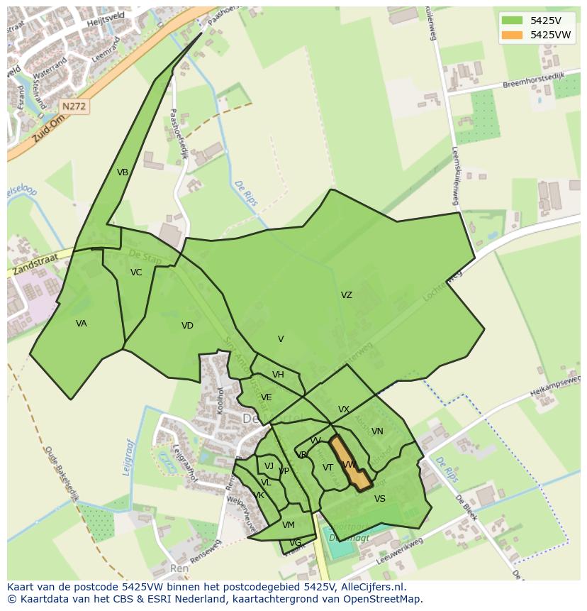 Afbeelding van het postcodegebied 5425 VW op de kaart.