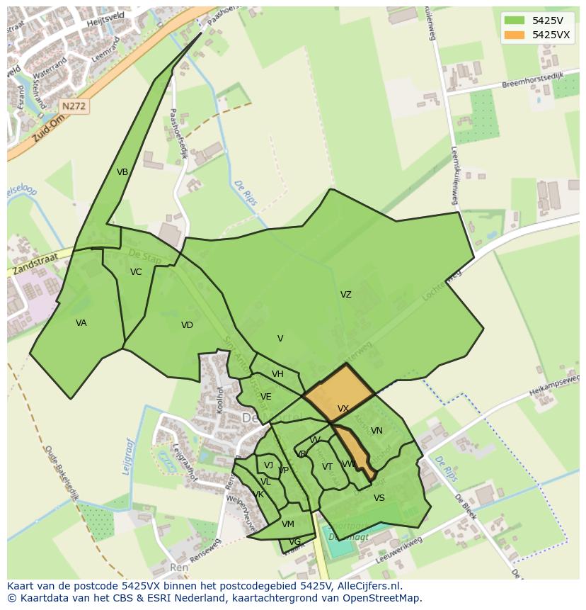 Afbeelding van het postcodegebied 5425 VX op de kaart.