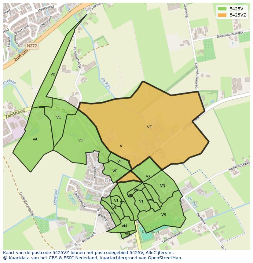 Afbeelding van het postcodegebied 5425 VZ op de kaart.