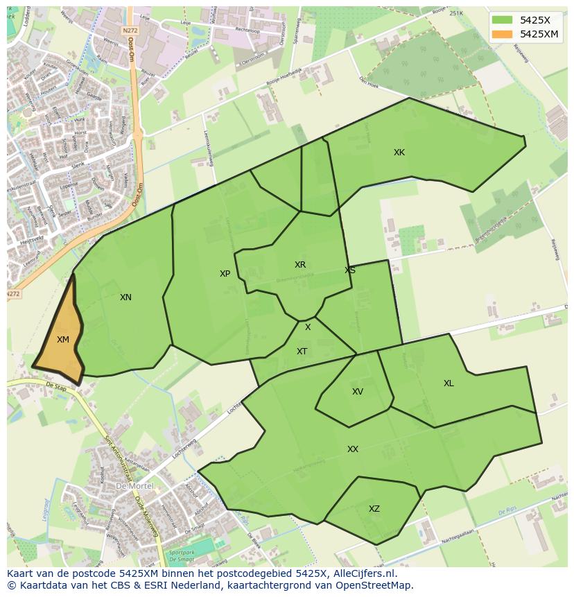 Afbeelding van het postcodegebied 5425 XM op de kaart.