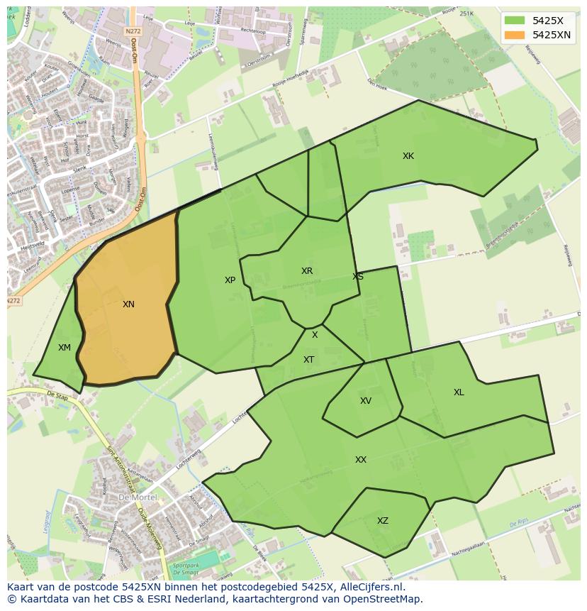 Afbeelding van het postcodegebied 5425 XN op de kaart.