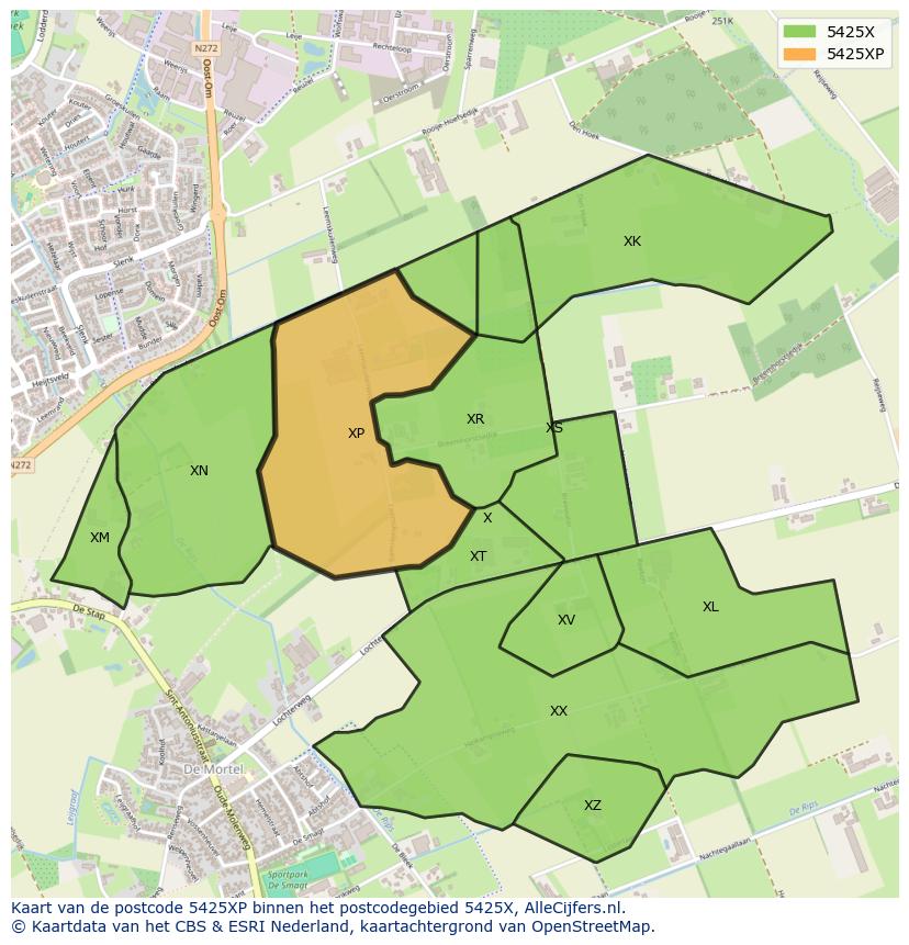 Afbeelding van het postcodegebied 5425 XP op de kaart.