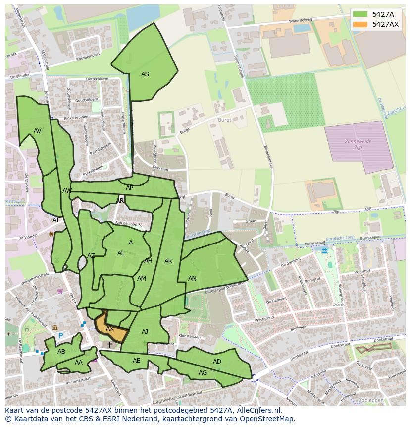 Afbeelding van het postcodegebied 5427 AX op de kaart.