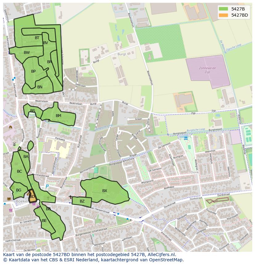 Afbeelding van het postcodegebied 5427 BD op de kaart.