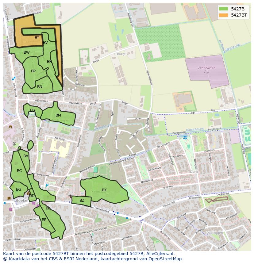 Afbeelding van het postcodegebied 5427 BT op de kaart.