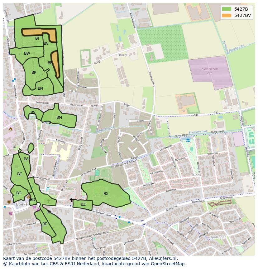 Afbeelding van het postcodegebied 5427 BV op de kaart.