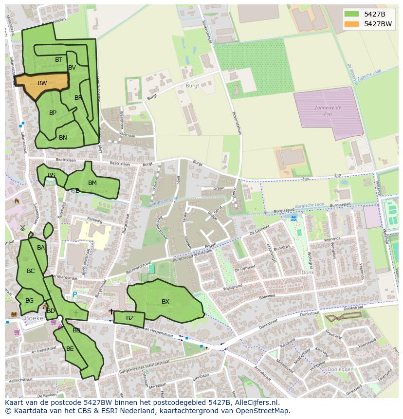 Afbeelding van het postcodegebied 5427 BW op de kaart.