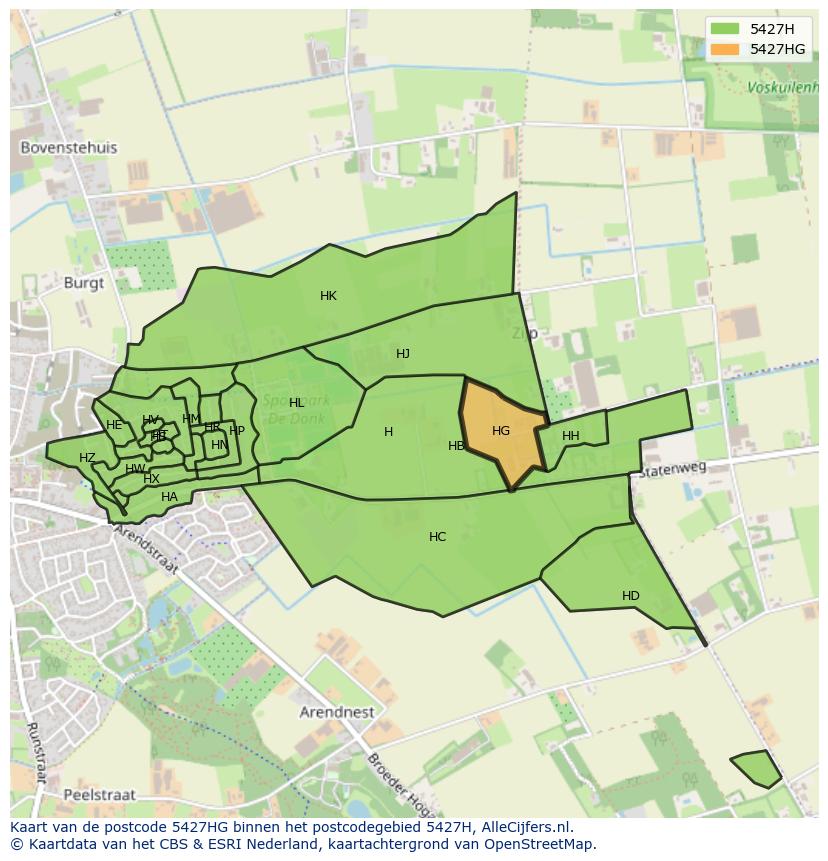 Afbeelding van het postcodegebied 5427 HG op de kaart.