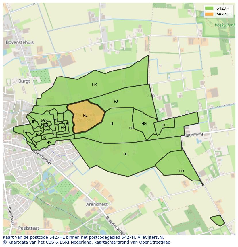 Afbeelding van het postcodegebied 5427 HL op de kaart.