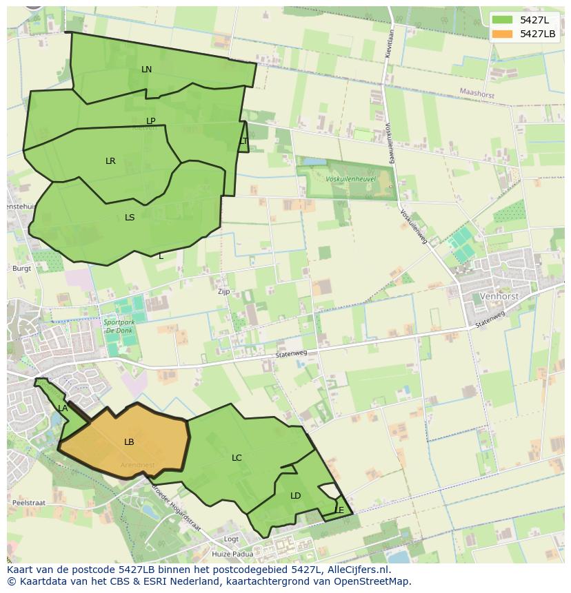 Afbeelding van het postcodegebied 5427 LB op de kaart.
