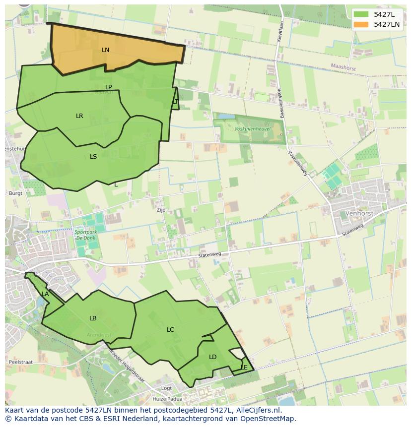 Afbeelding van het postcodegebied 5427 LN op de kaart.