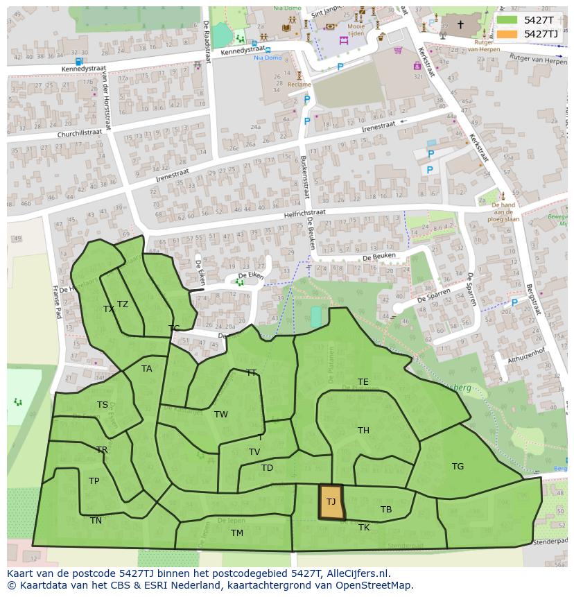 Afbeelding van het postcodegebied 5427 TJ op de kaart.