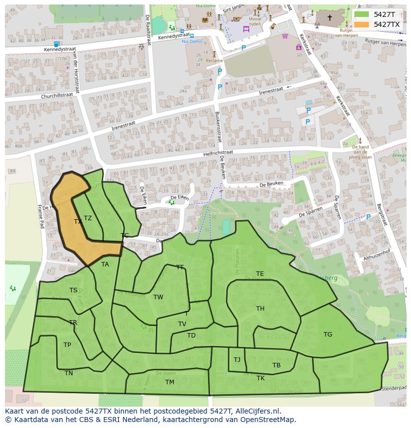 Afbeelding van het postcodegebied 5427 TX op de kaart.