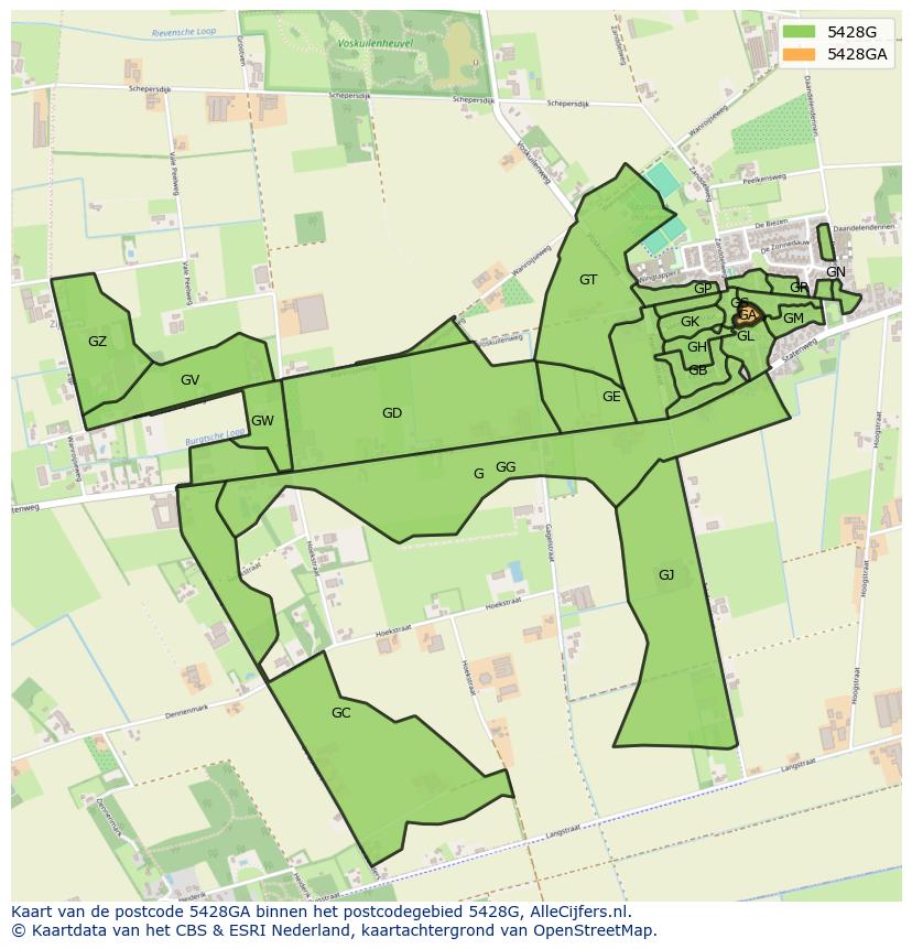 Afbeelding van het postcodegebied 5428 GA op de kaart.