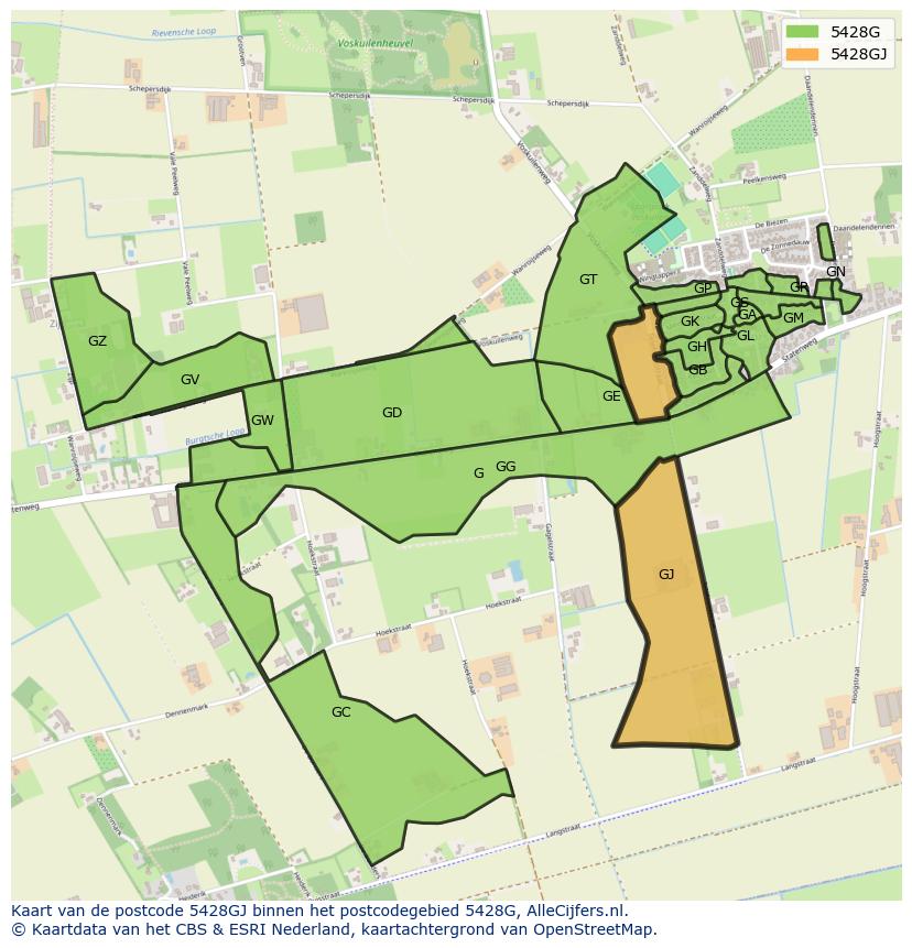 Afbeelding van het postcodegebied 5428 GJ op de kaart.