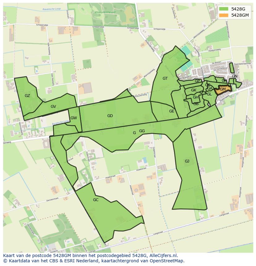 Afbeelding van het postcodegebied 5428 GM op de kaart.