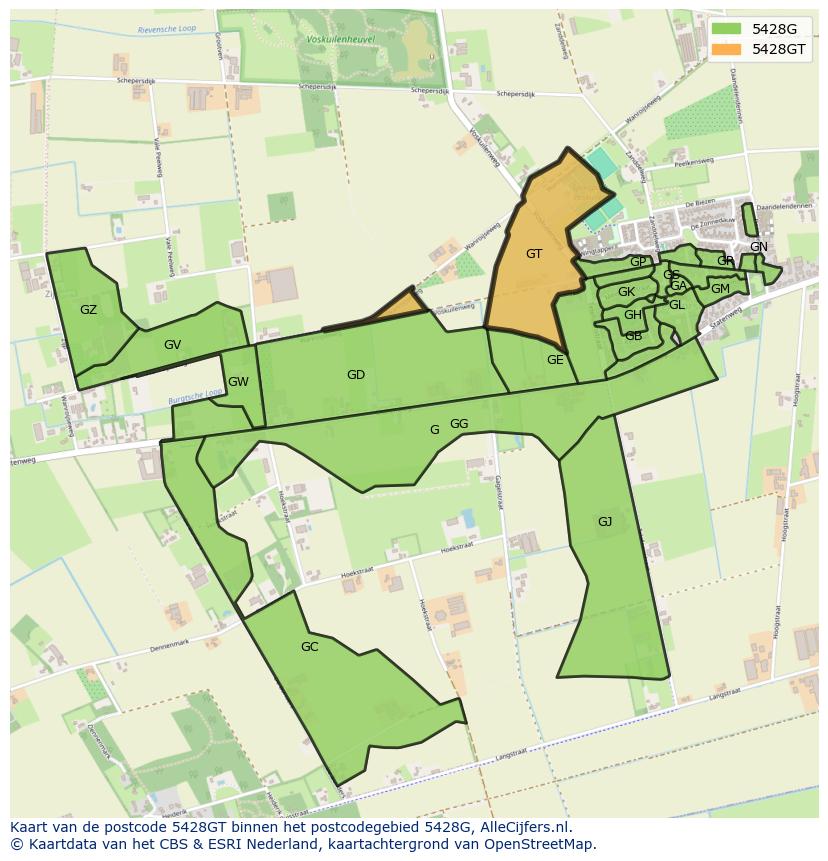 Afbeelding van het postcodegebied 5428 GT op de kaart.