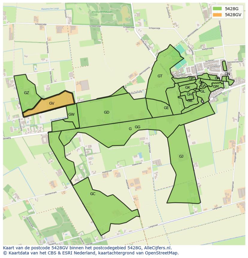 Afbeelding van het postcodegebied 5428 GV op de kaart.