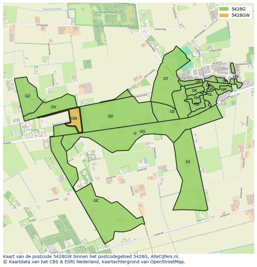 Afbeelding van het postcodegebied 5428 GW op de kaart.