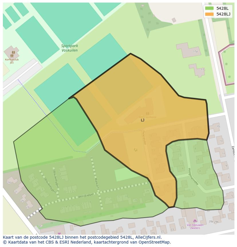 Afbeelding van het postcodegebied 5428 LJ op de kaart.