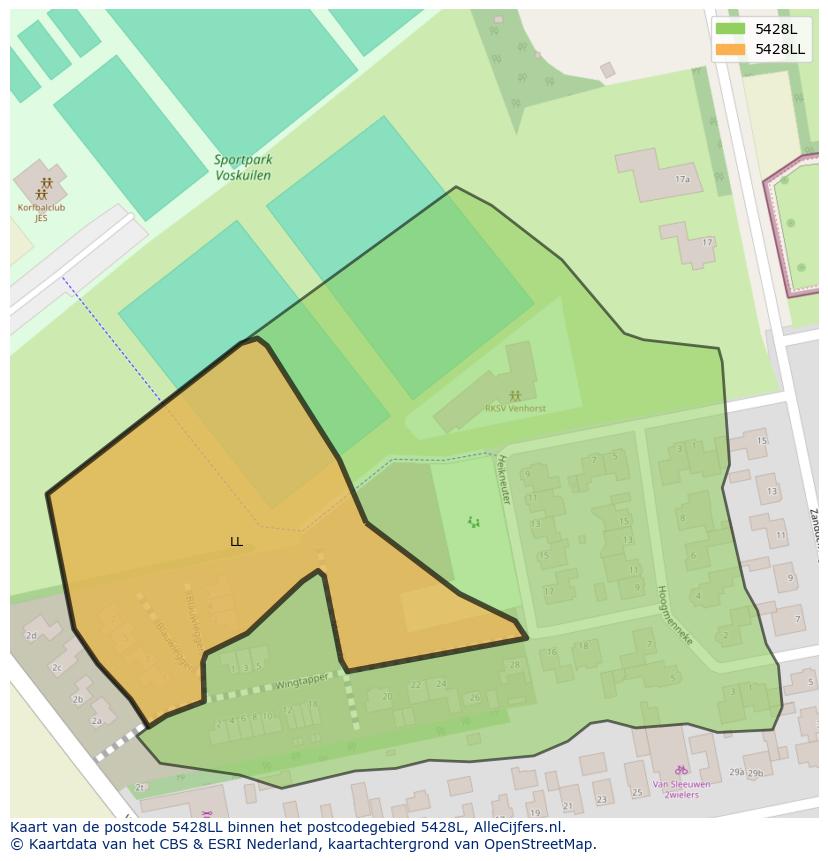 Afbeelding van het postcodegebied 5428 LL op de kaart.