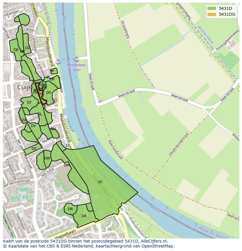 Afbeelding van het postcodegebied 5431 DG op de kaart.