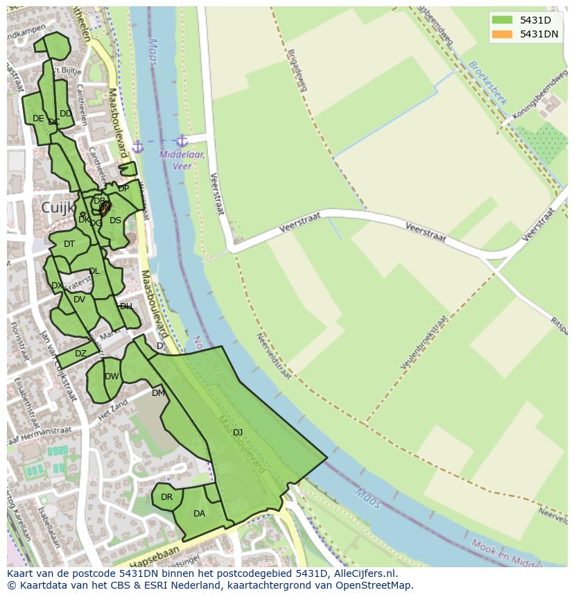 Afbeelding van het postcodegebied 5431 DN op de kaart.