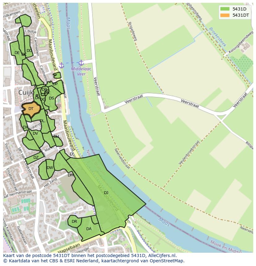 Afbeelding van het postcodegebied 5431 DT op de kaart.