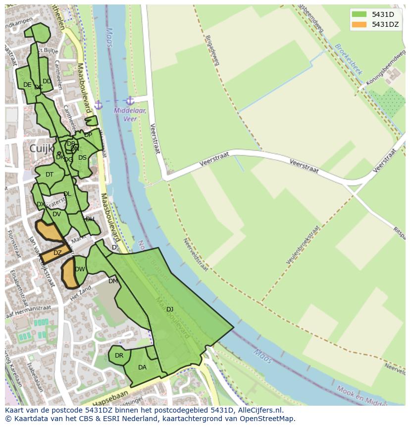 Afbeelding van het postcodegebied 5431 DZ op de kaart.
