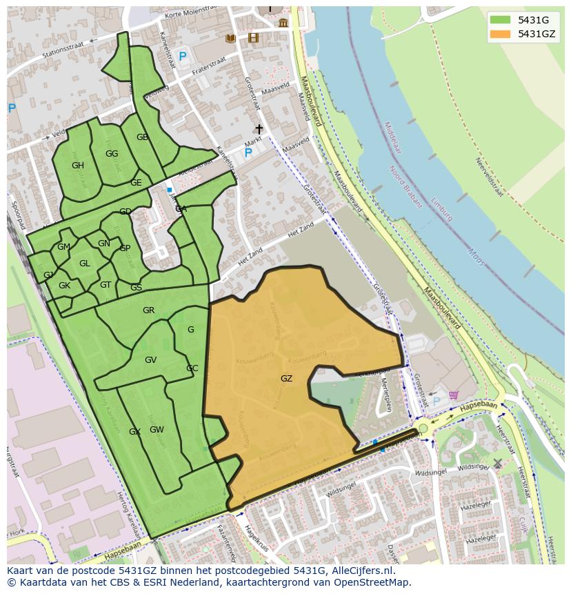 Afbeelding van het postcodegebied 5431 GZ op de kaart.