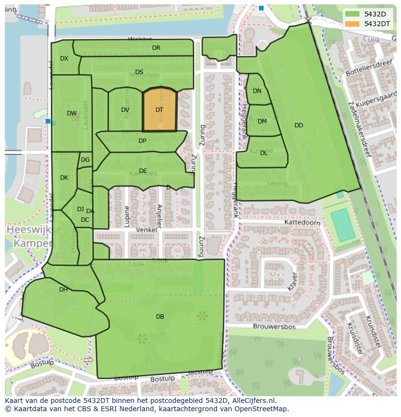 Afbeelding van het postcodegebied 5432 DT op de kaart.