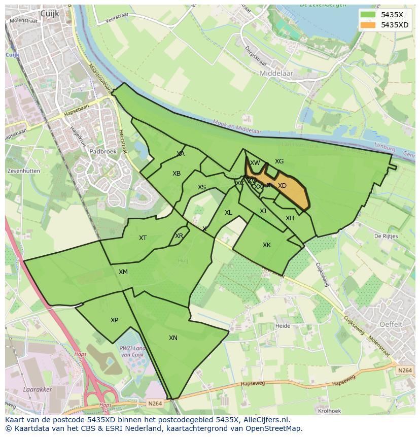 Afbeelding van het postcodegebied 5435 XD op de kaart.