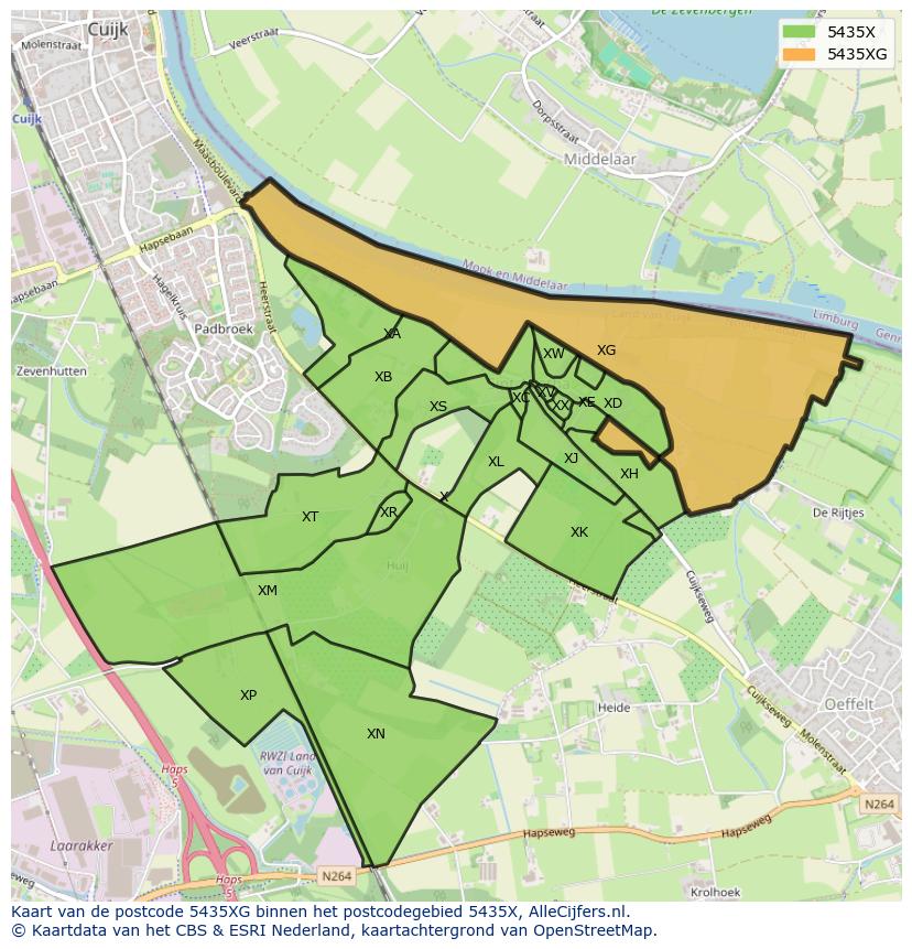 Afbeelding van het postcodegebied 5435 XG op de kaart.