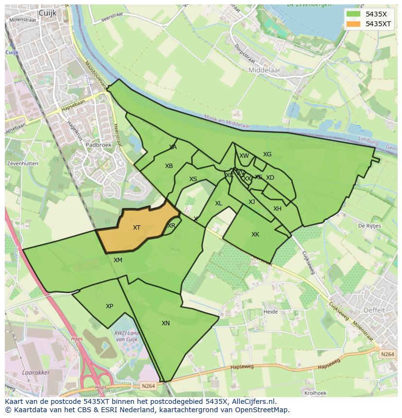 Afbeelding van het postcodegebied 5435 XT op de kaart.