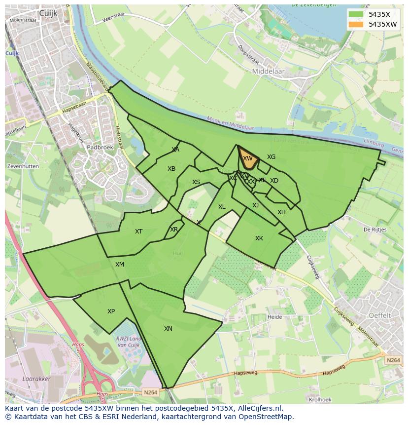 Afbeelding van het postcodegebied 5435 XW op de kaart.